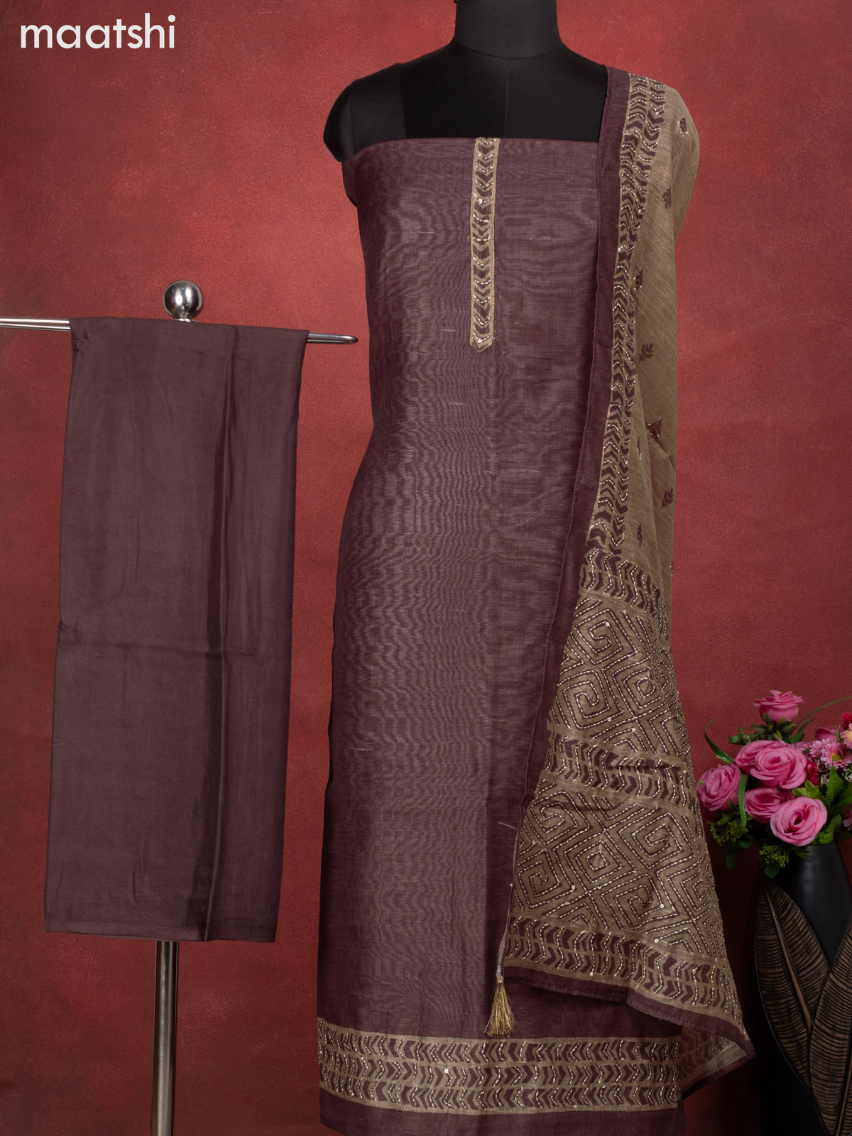 Chanderi dress material brown with kantha stitch work and bottom & kantha stitch work dupatta