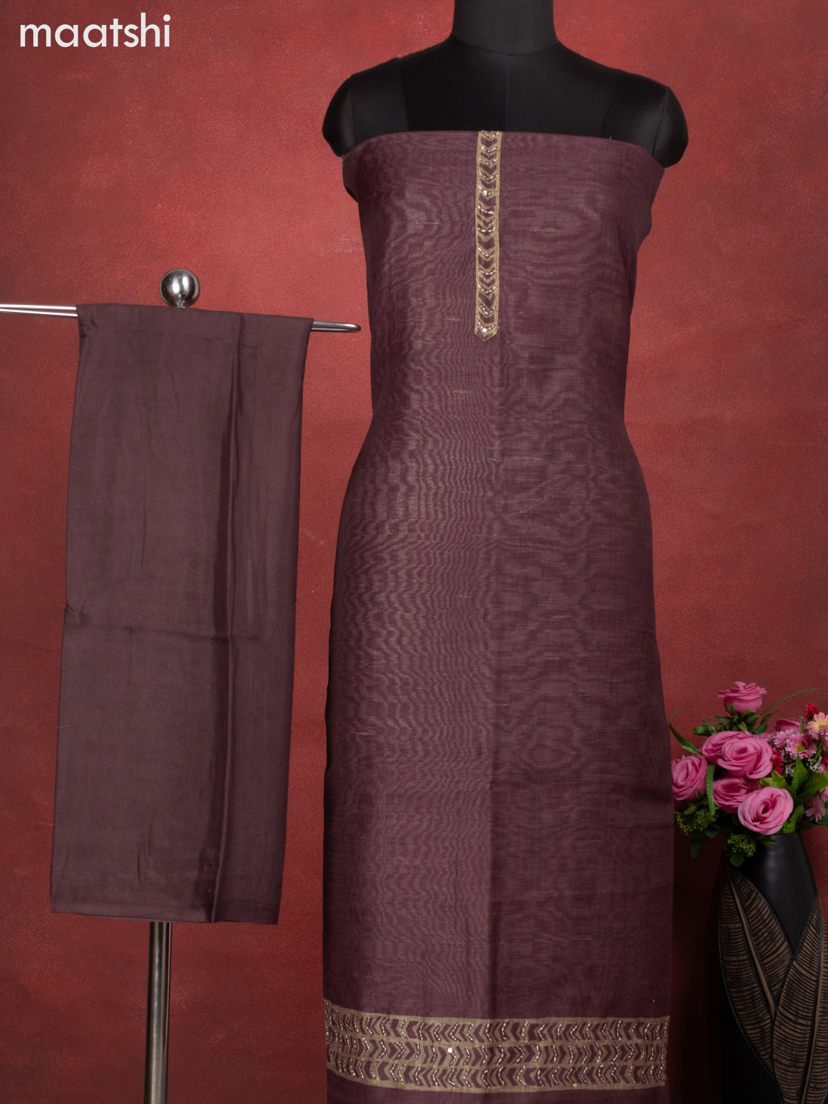 Chanderi dress material brown with kantha stitch work and bottom & kantha stitch work dupatta