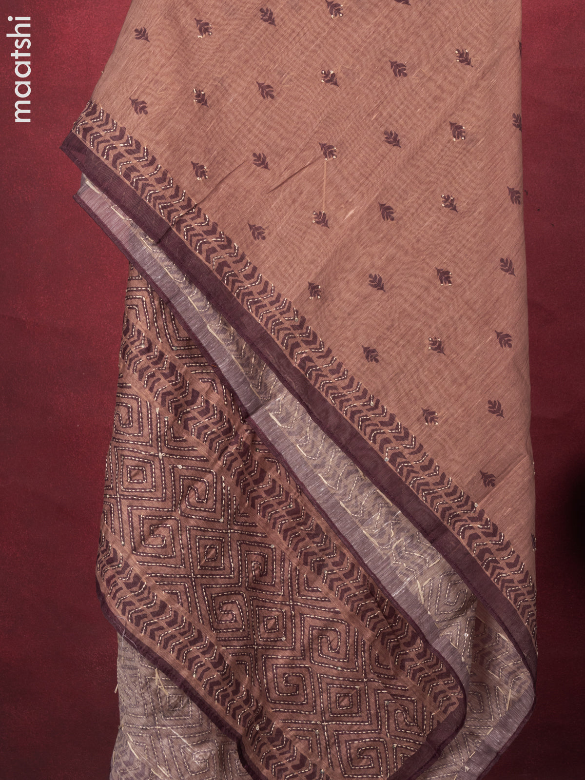 Chanderi dress material brown with kantha stitch work and bottom & kantha stitch work dupatta