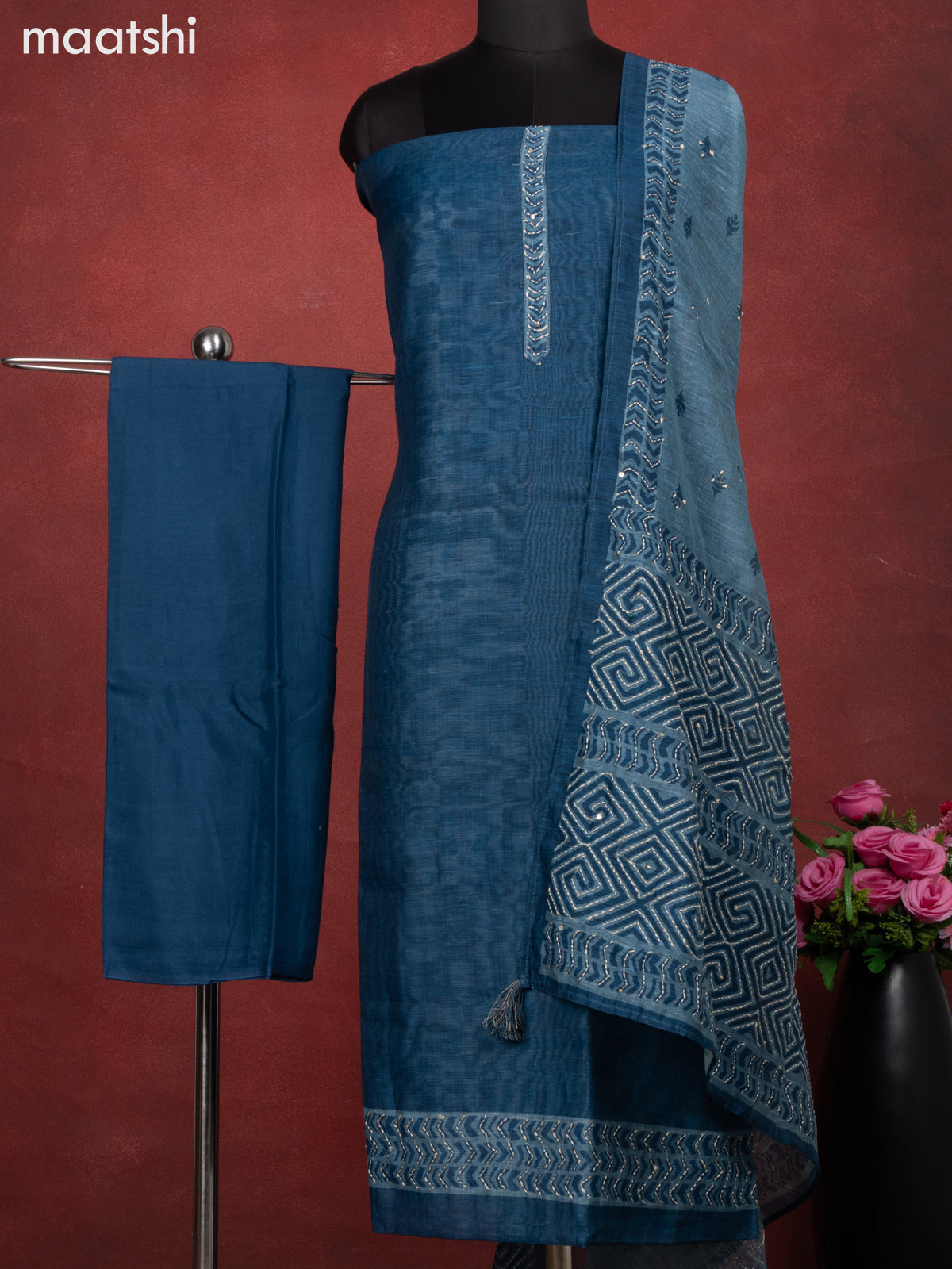 Chanderi dress material peacock blue with kantha stitch work and bottom & kantha stitch work dupatta