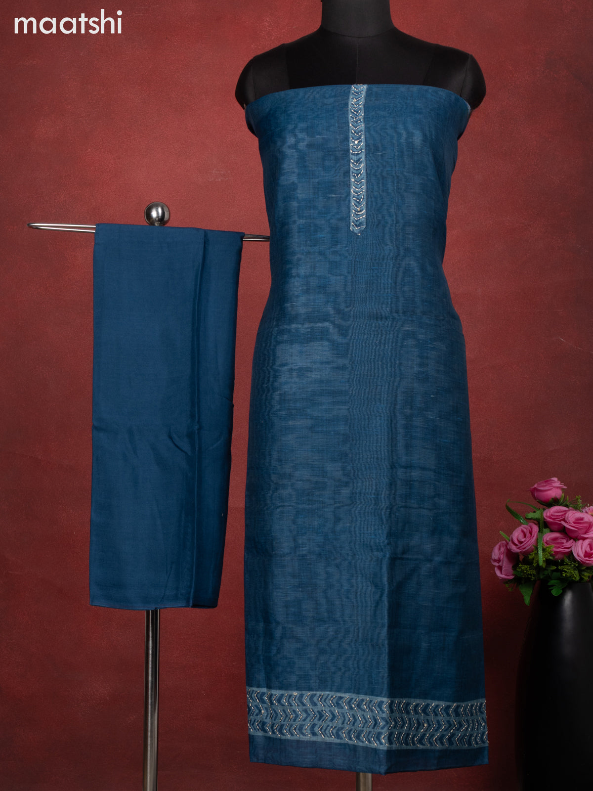 Chanderi dress material peacock blue with kantha stitch work and bottom & kantha stitch work dupatta