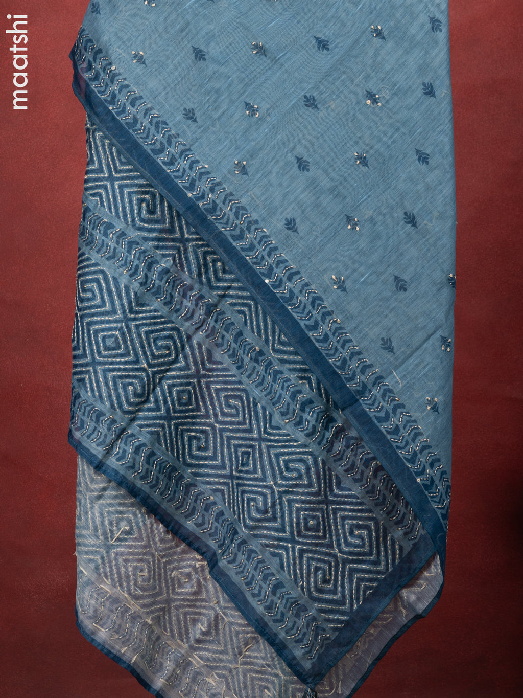 Chanderi dress material peacock blue with kantha stitch work and bottom & kantha stitch work dupatta