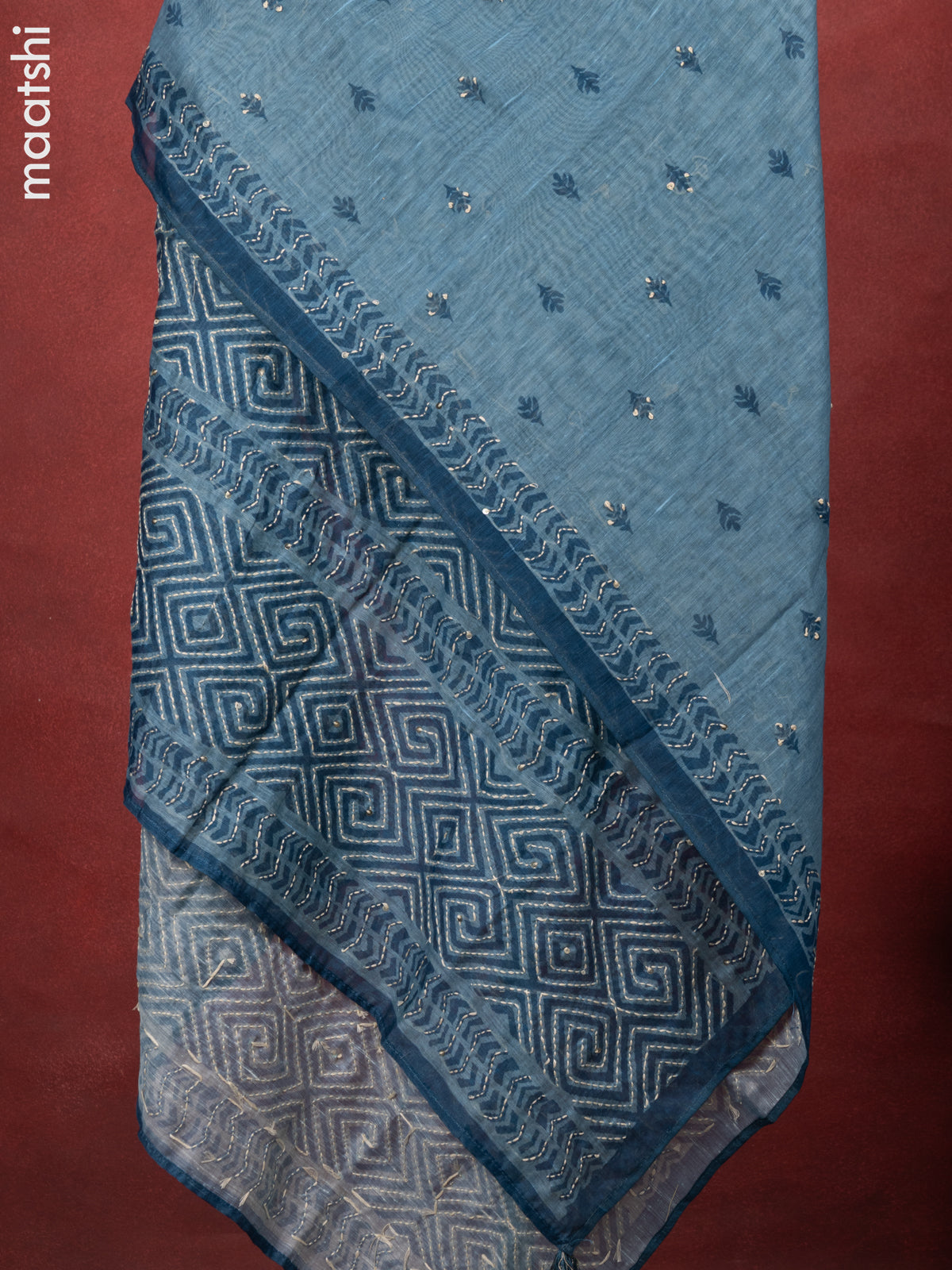 Chanderi dress material peacock blue with kantha stitch work and bottom & kantha stitch work dupatta