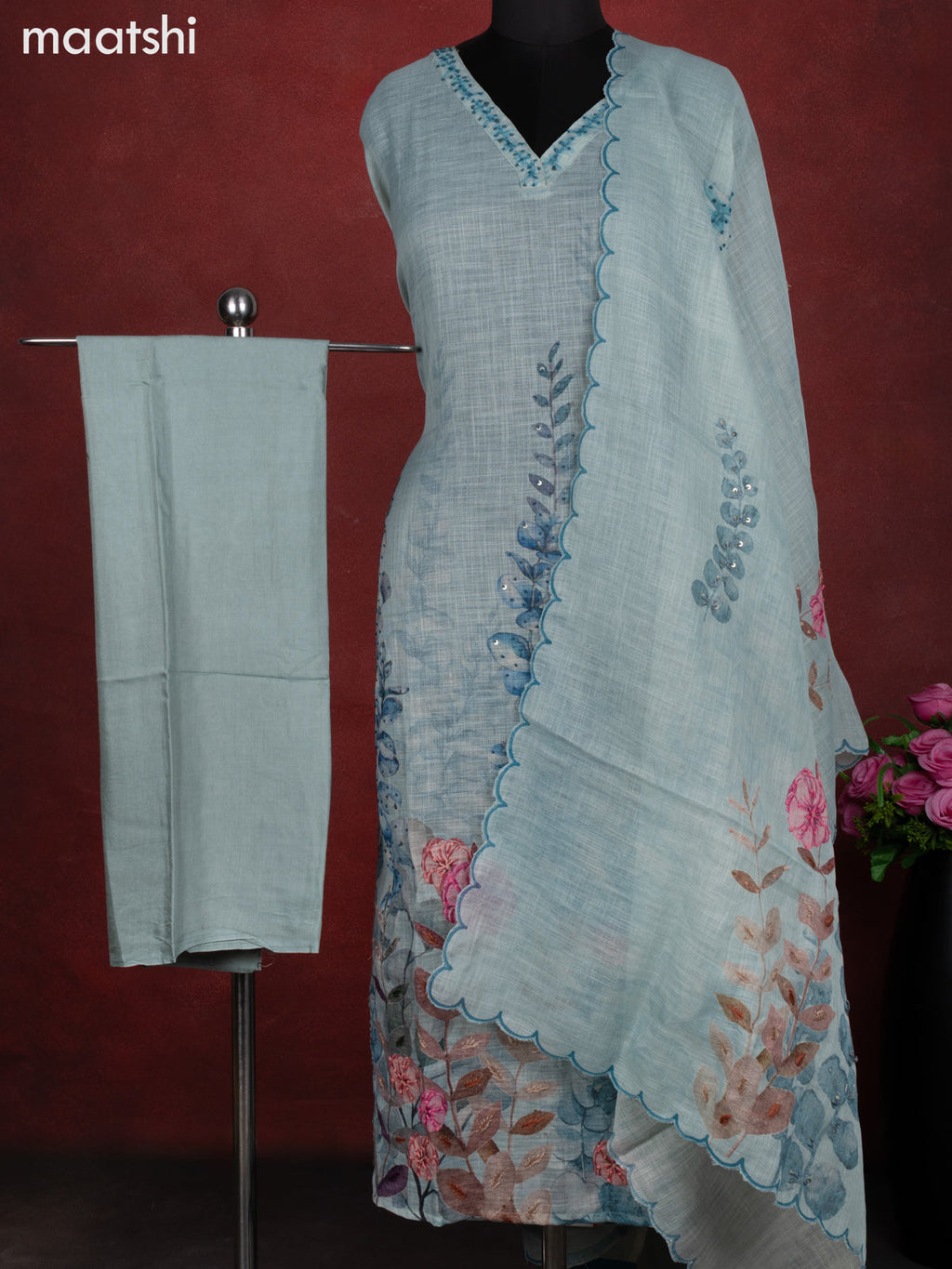 Linen cotton dress material pastel blue with floral design french knot work & v neck pattern and bottom & french kont work dupatta