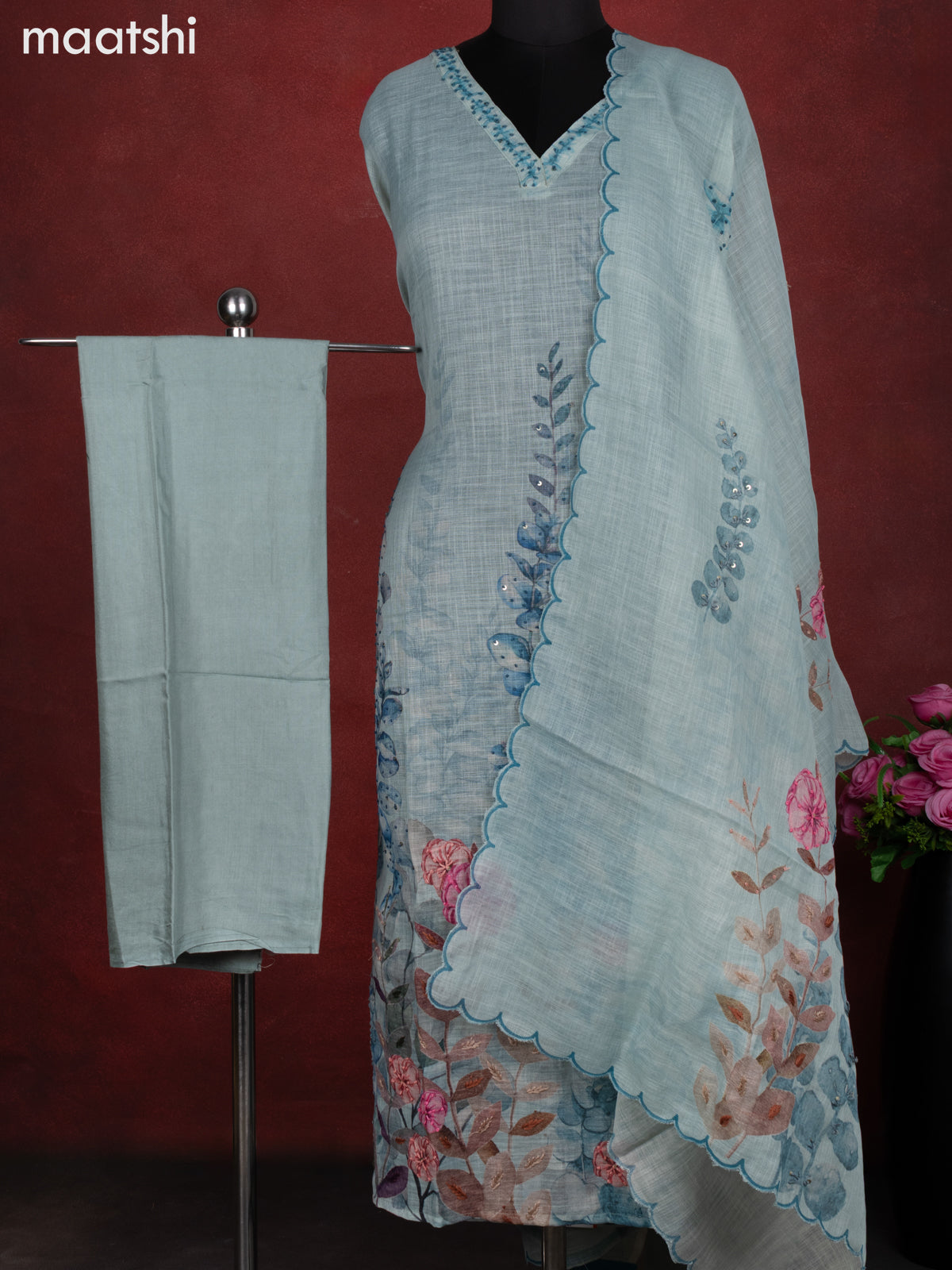 Linen cotton dress material pastel blue with floral design french knot work & v neck pattern and bottom & french kont work dupatta