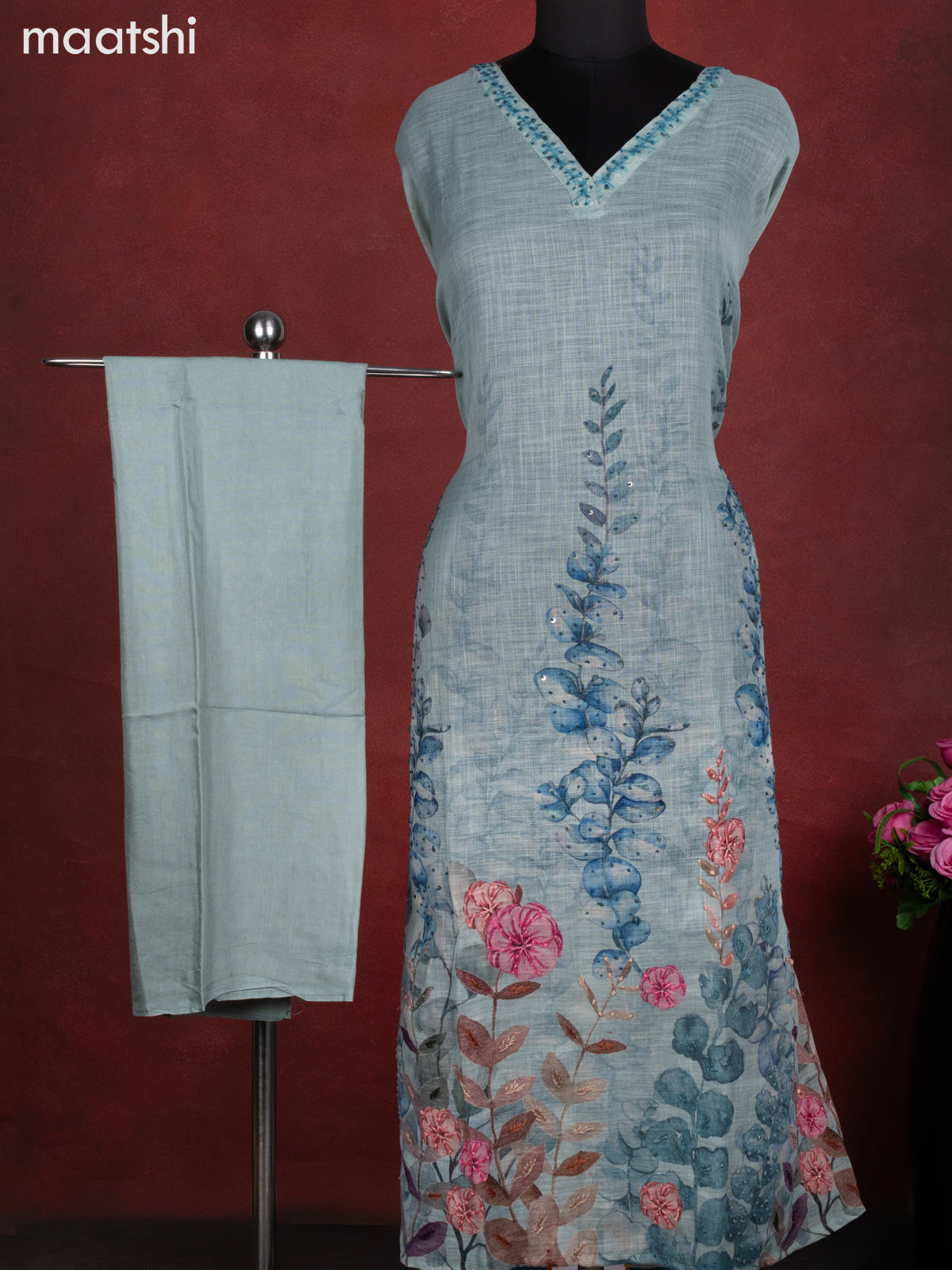 Linen cotton dress material pastel blue with floral design french knot work & v neck pattern and bottom & french kont work dupatta