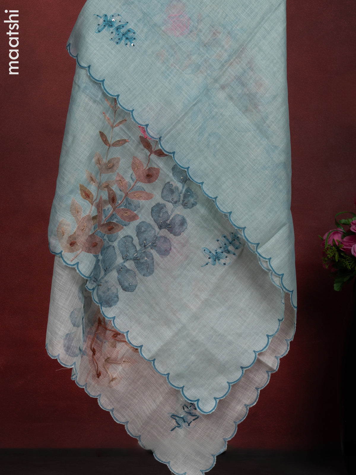 Linen cotton dress material pastel blue with floral design french knot work & v neck pattern and bottom & french kont work dupatta