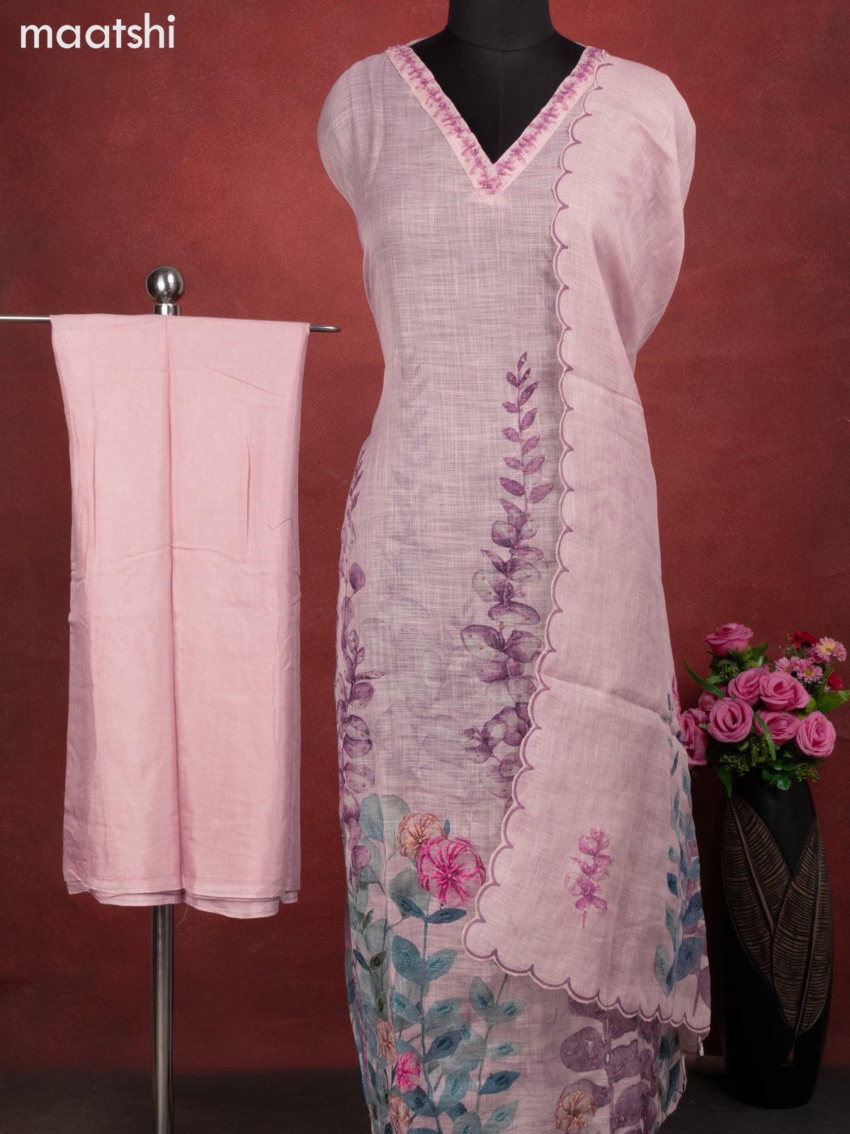 Linen cotton dress material pastel pink with floral design french knot work & v neck pattern and bottom & french kont work dupatta