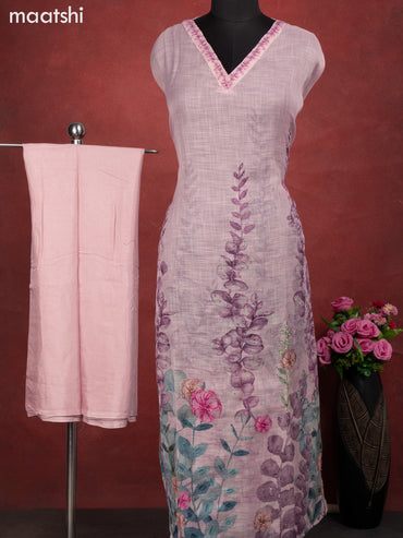 Linen cotton dress material pastel pink with floral design french knot work & v neck pattern and bottom & french kont work dupatta