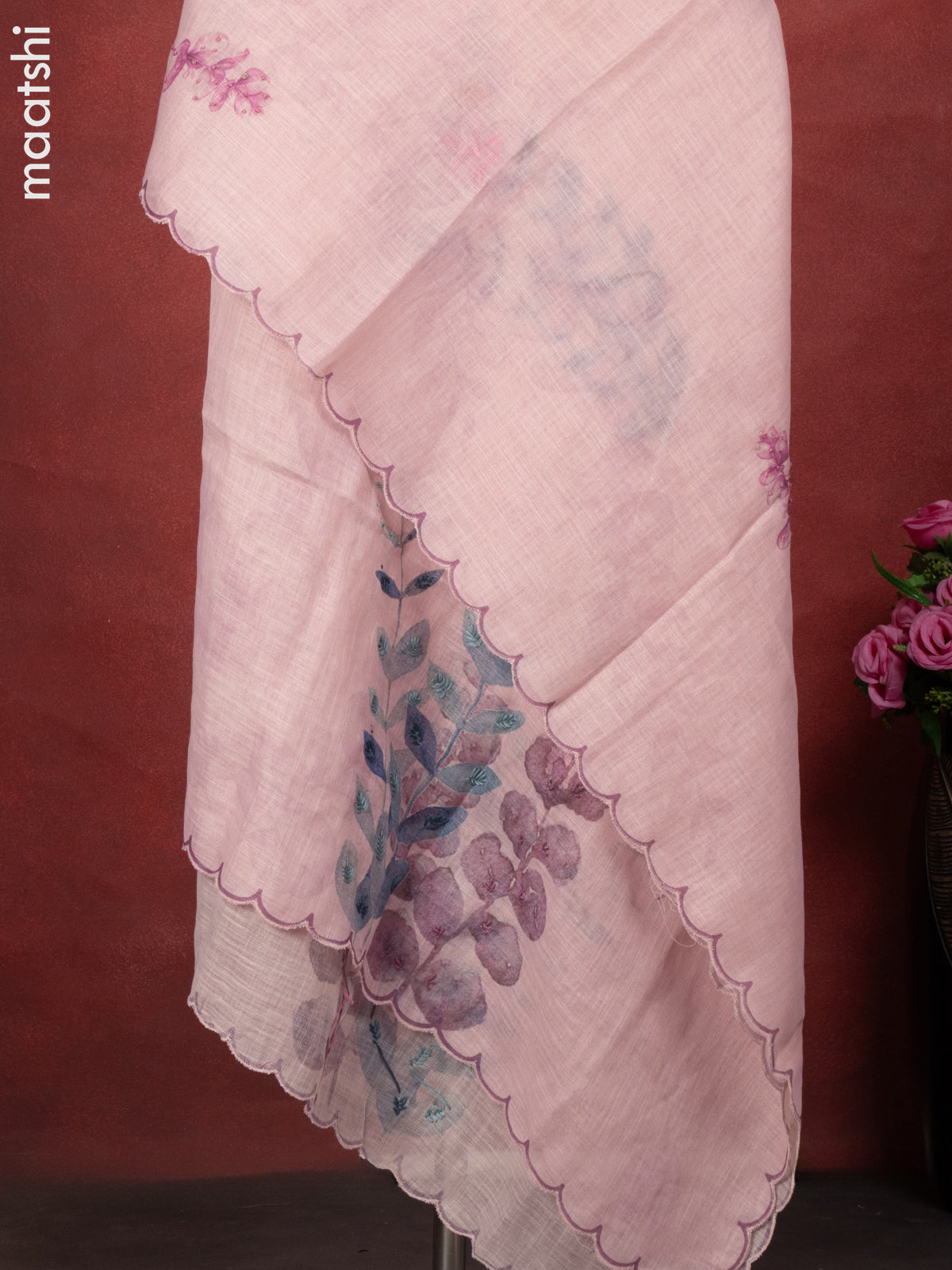 Linen cotton dress material pastel pink with floral design french knot work & v neck pattern and bottom & french kont work dupatta