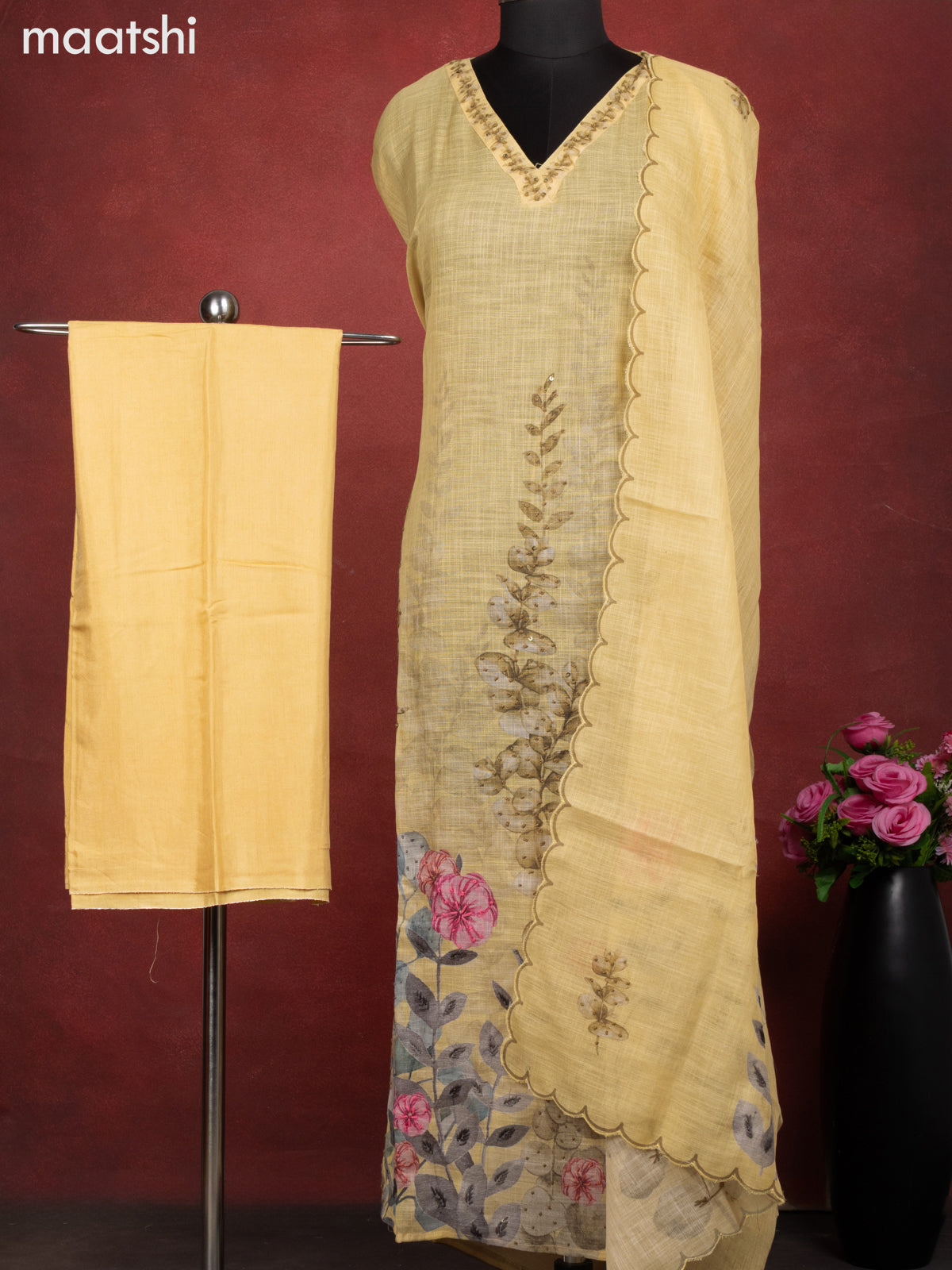 Linen cotton dress material pale yellow with floral design french knot work & v neck pattern and bottom & french kont work dupatta