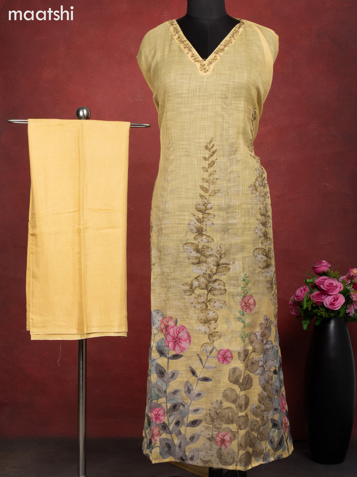 Linen cotton dress material pale yellow with floral design french knot work & v neck pattern and bottom & french kont work dupatta
