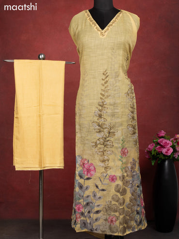 Linen cotton dress material pale yellow with floral design french knot work & v neck pattern and bottom & french kont work dupatta