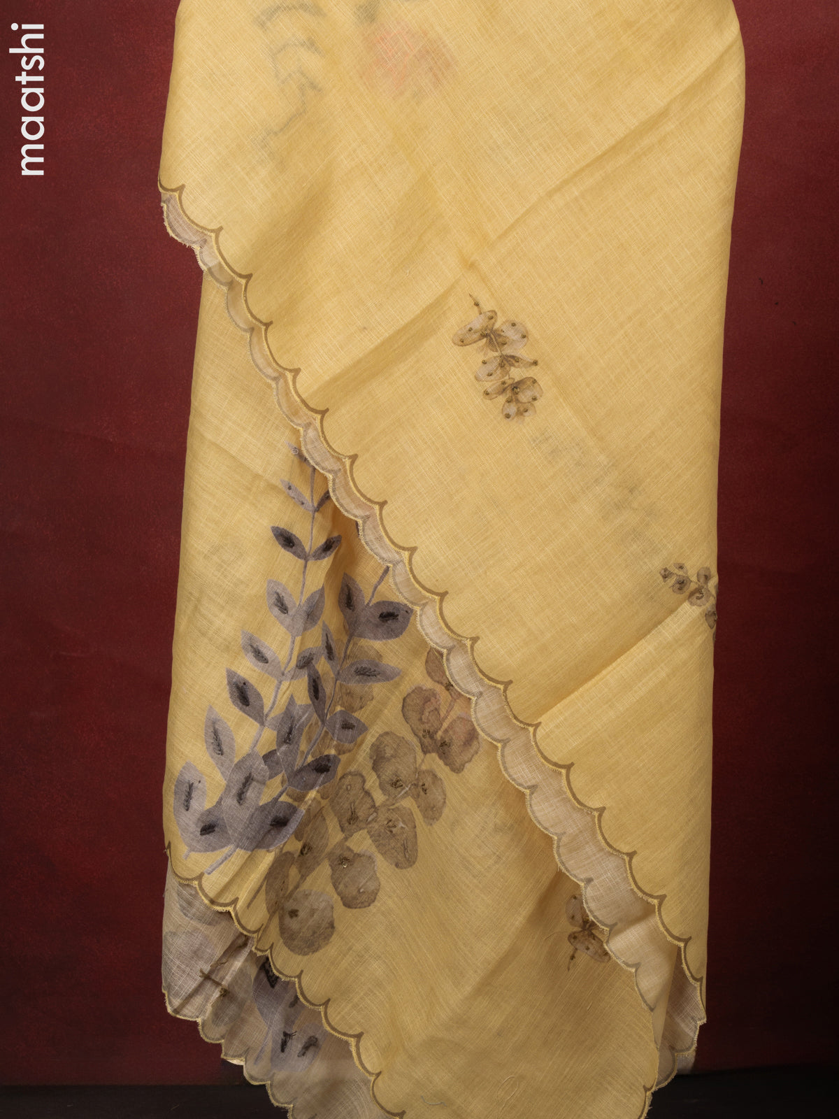 Linen cotton dress material pale yellow with floral design french knot work & v neck pattern and bottom & french kont work dupatta
