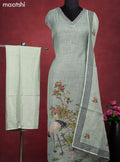 Linen cotton dress material pastel green with crane bird design french knot work & v neck pattern and bottom & french kont work dupatta