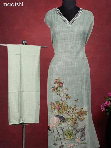 Linen cotton dress material pastel green with crane bird design french knot work & v neck pattern and bottom & french kont work dupatta