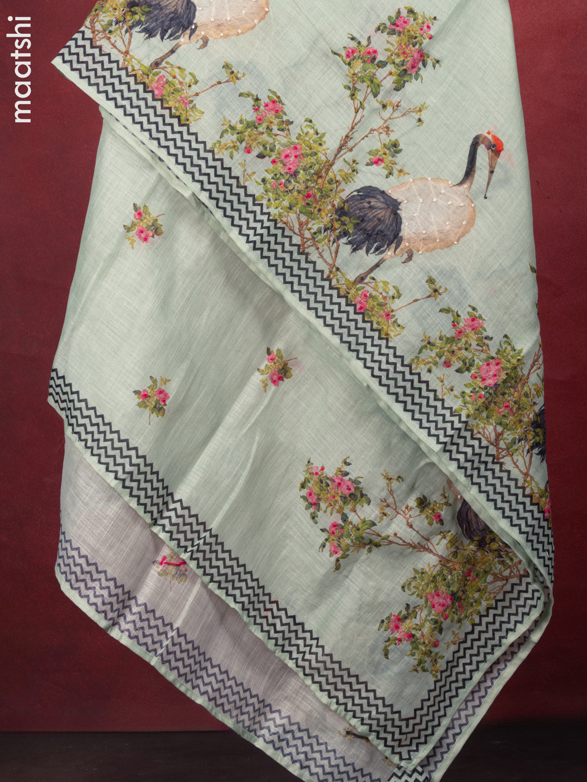 Linen cotton dress material pastel green with crane bird design french knot work & v neck pattern and bottom & french kont work dupatta