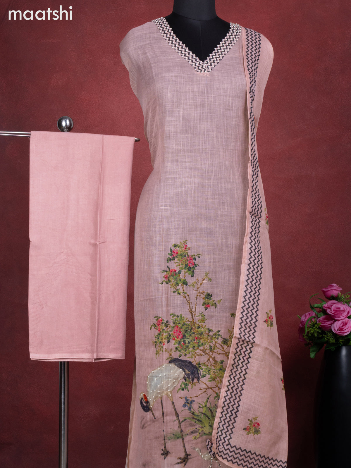 Linen cotton dress material peach shade with crane bird design french knot work & v neck pattern and bottom & french kont work dupatta