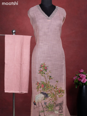 Linen cotton dress material peach shade with crane bird design french knot work & v neck pattern and bottom & french kont work dupatta
