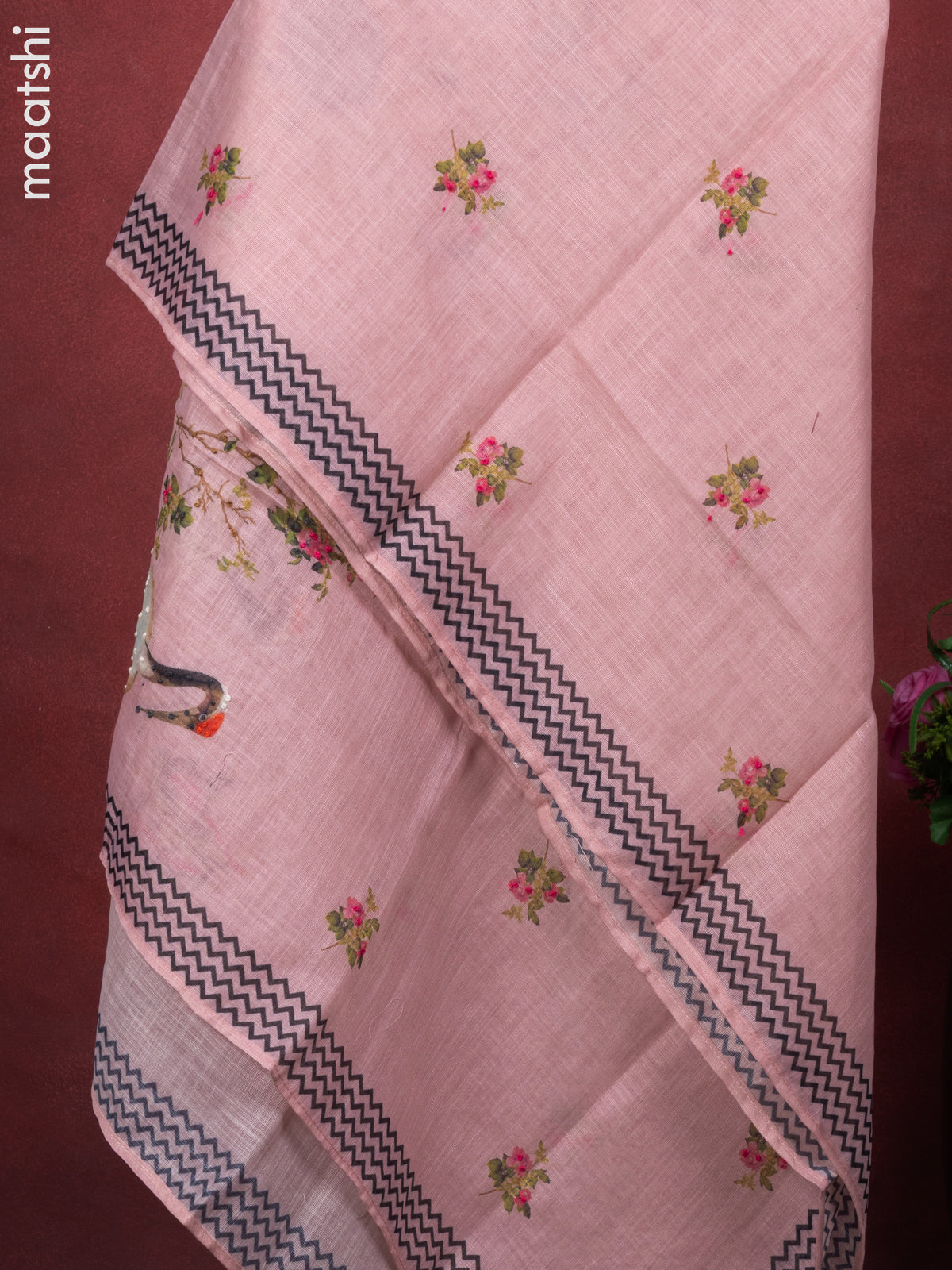 Linen cotton dress material peach shade with crane bird design french knot work & v neck pattern and bottom & french kont work dupatta
