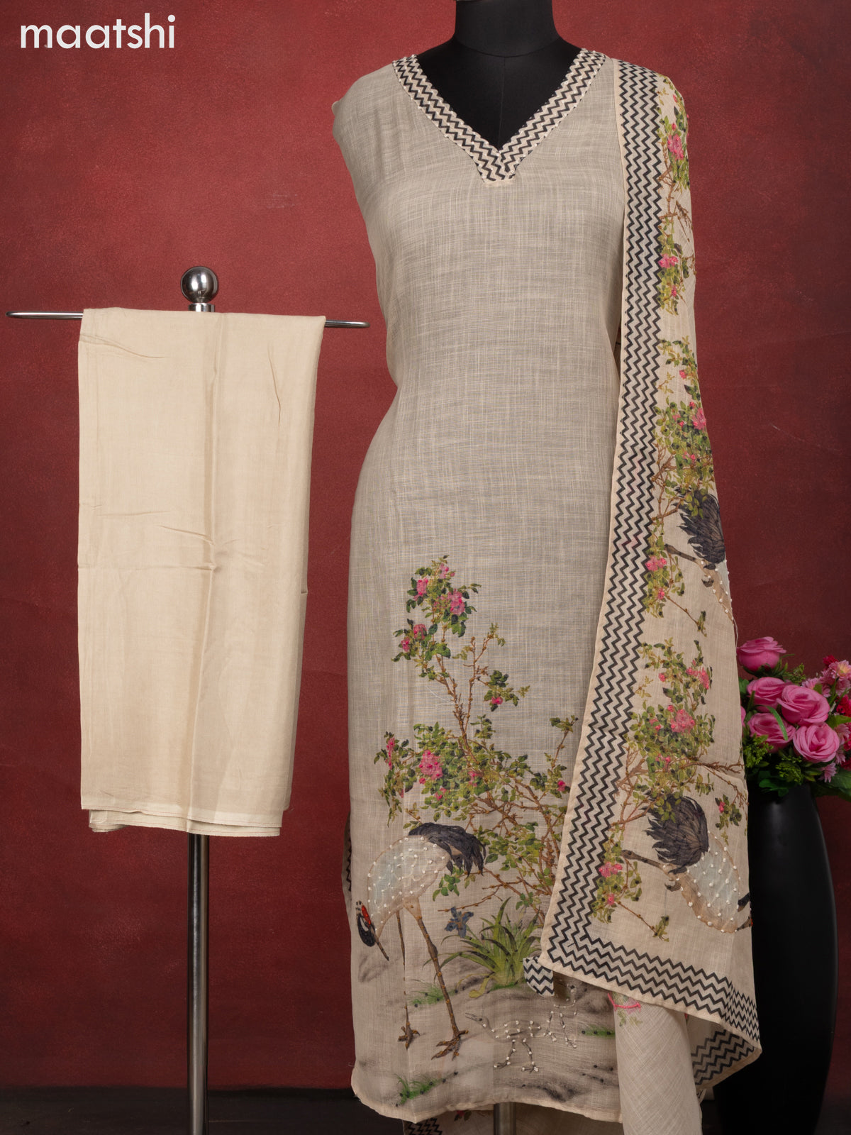 Linen cotton dress material beige with crane bird design french knot work & v neck pattern and bottom & french kont work dupatta