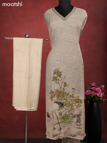 Linen cotton dress material beige with crane bird design french knot work & v neck pattern and bottom & french kont work dupatta