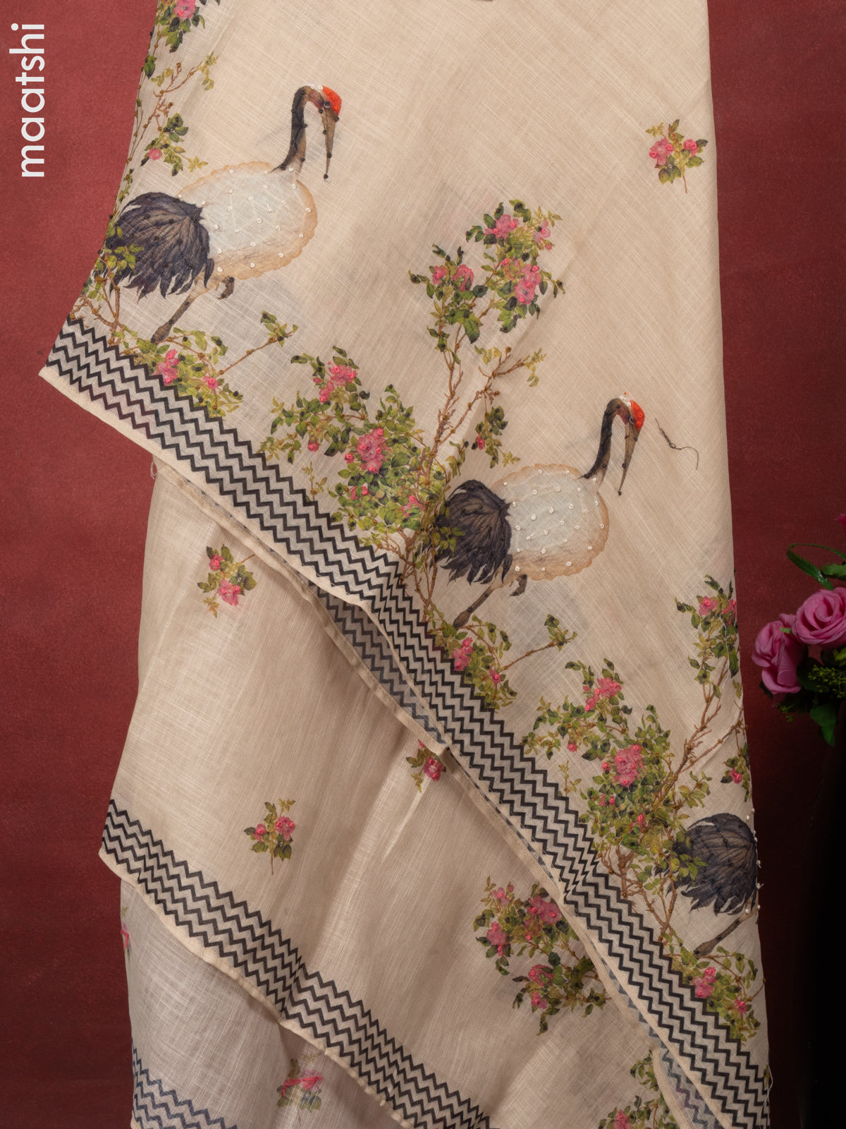 Linen cotton dress material beige with crane bird design french knot work & v neck pattern and bottom & french kont work dupatta