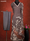 Linen cotton dress material grey and brown with peacock design french kont work & v neck pattern and bottom & french kont work dupatta