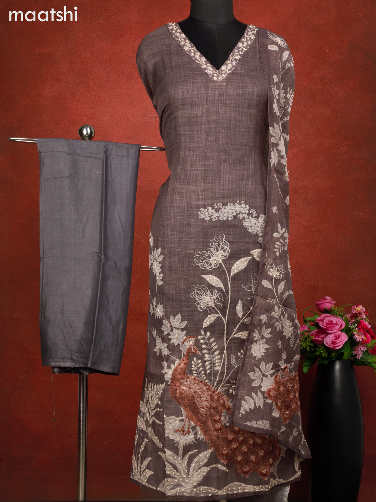 Linen cotton dress material grey and brown with peacock design french kont work & v neck pattern and bottom & french kont work dupatta