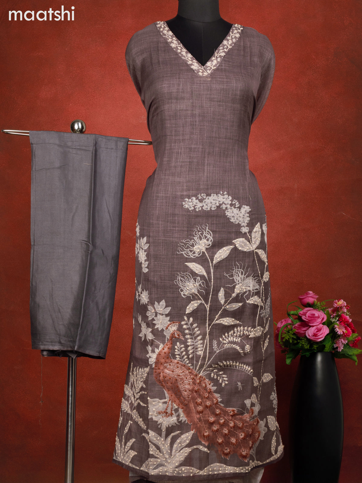 Linen cotton dress material grey and brown with peacock design french Maatshi Linen cotton dress material grey and brown with peacock design french Maatshi