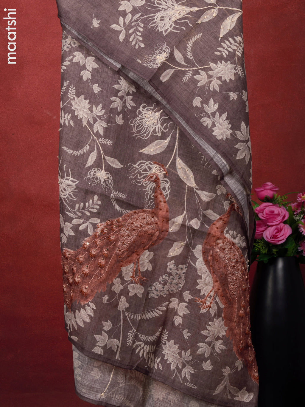 Linen cotton dress material grey and brown with peacock design french kont work & v neck pattern and bottom & french kont work dupatta