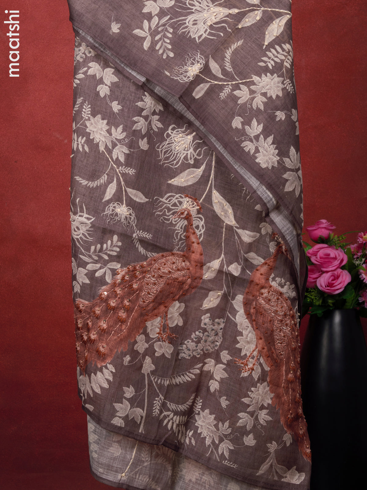 Linen cotton dress material grey and brown with peacock design french kont work & v neck pattern and bottom & french kont work dupatta