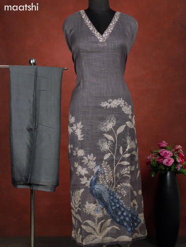 Linen cotton dress material grey and blue with peacock design french kont work & v neck pattern and bottom & french kont work dupatta