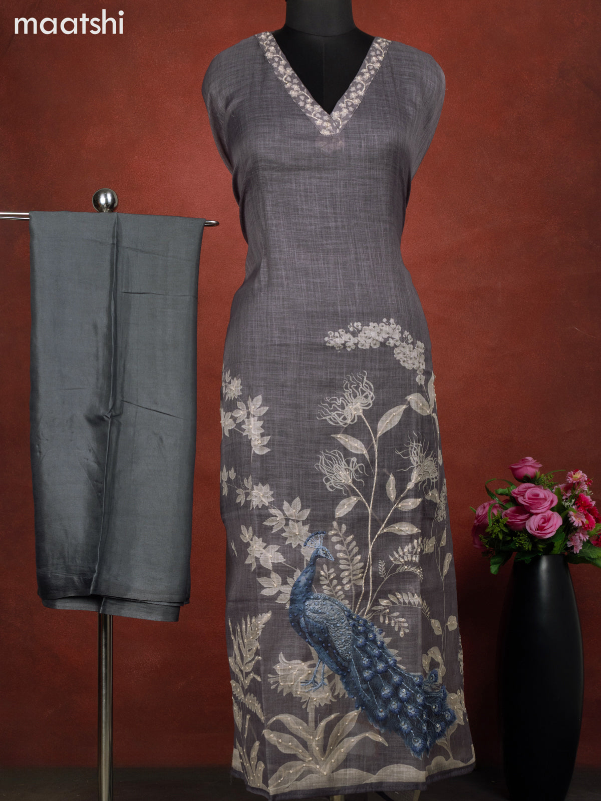 Linen cotton dress material grey and blue with peacock design french kont work & v neck pattern and bottom & french kont work dupatta