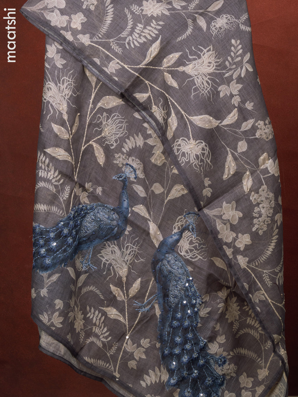 Linen cotton dress material grey and blue with peacock design french kont work & v neck pattern and bottom & french kont work dupatta