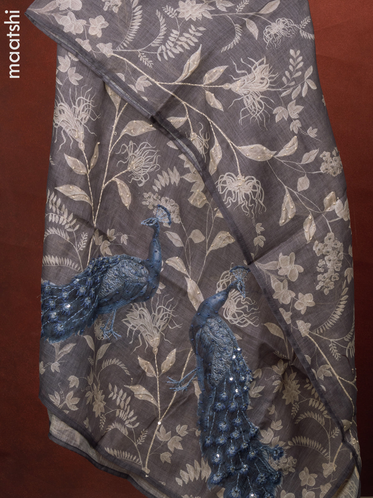 Linen cotton dress material grey and blue with peacock design french kont work & v neck pattern and bottom & french kont work dupatta