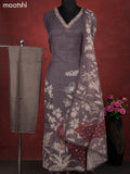 Linen cotton dress material grey and maroon with peacock design french kont work & v neck pattern and bottom & french kont work dupatta