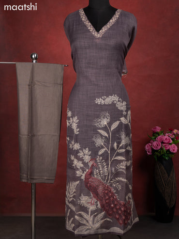 Linen cotton dress material grey and maroon with peacock design french kont work & v neck pattern and bottom & french kont work dupatta