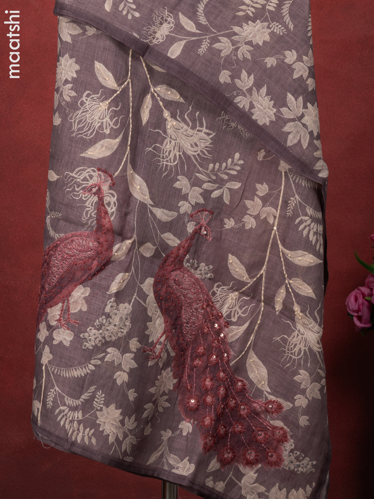 Linen cotton dress material grey and maroon with peacock design french kont work & v neck pattern and bottom & french kont work dupatta