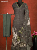 Linen cotton dress material greyish green with butterfly design french kont work & v neck pattern and bottom & french kont work dupatta