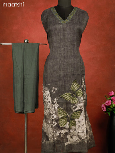 Linen cotton dress material greyish green with butterfly design french kont work & v neck pattern and bottom & french kont work dupatta