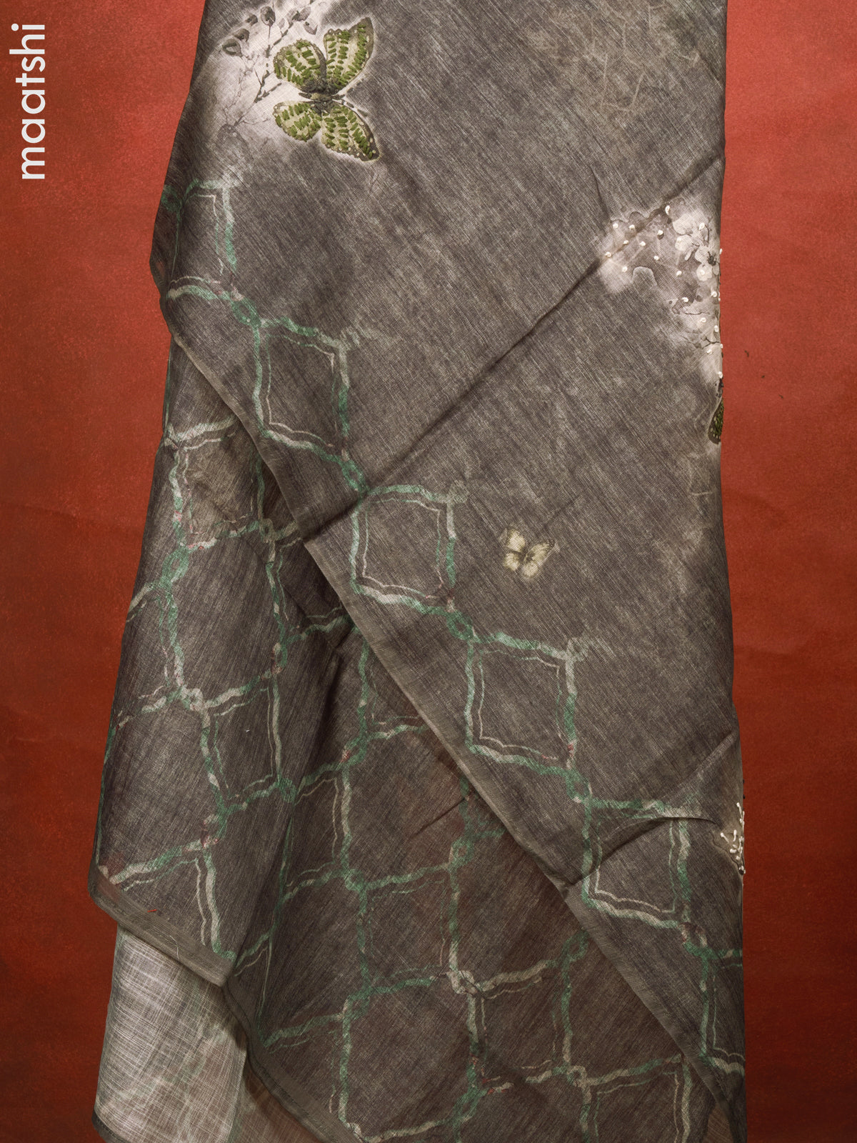 Linen cotton dress material greyish green with butterfly design french kont work & v neck pattern and bottom & french kont work dupatta