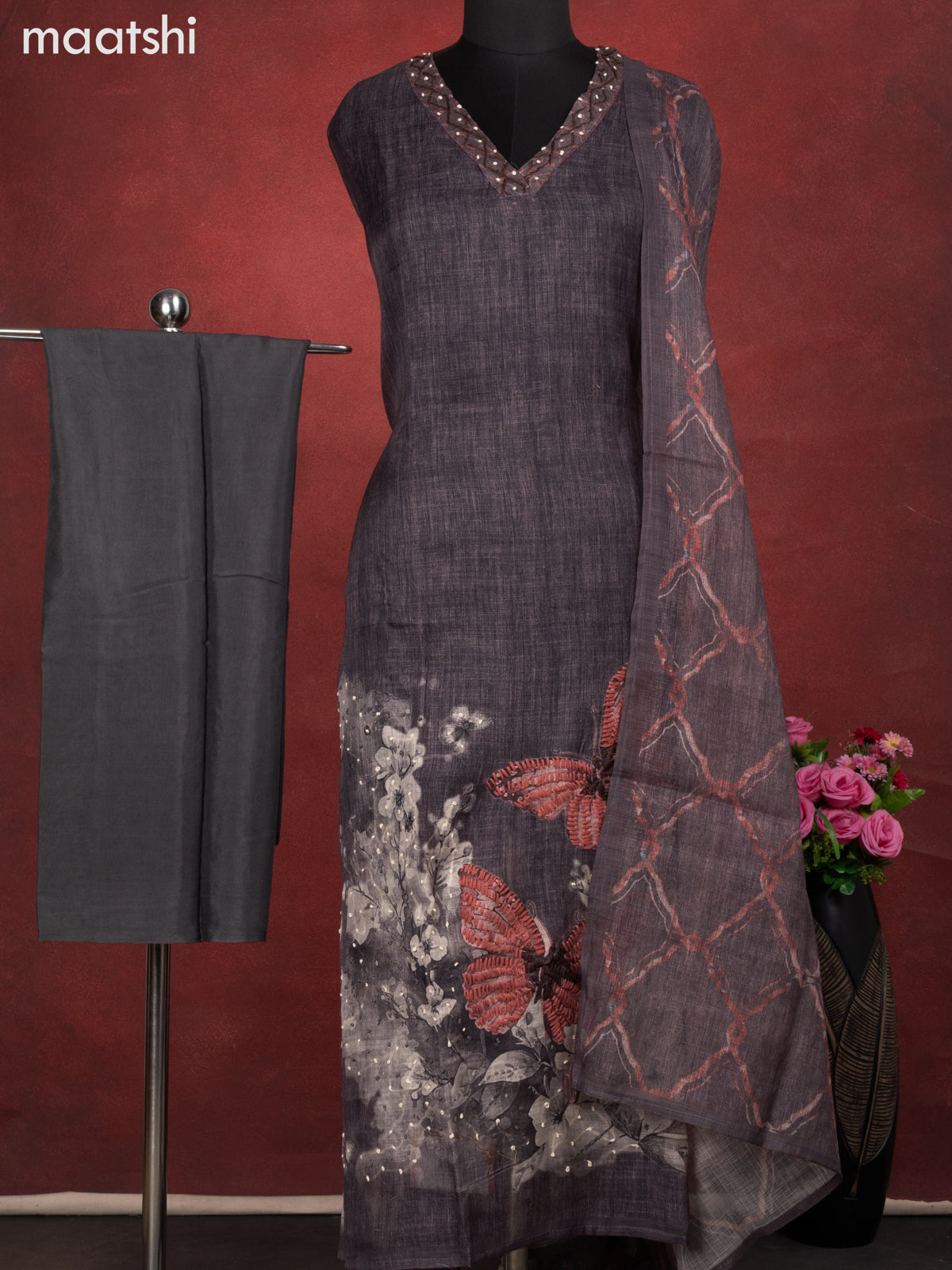 Linen cotton dress material elephant grey with butterfly design french knot work & v neck pattern and bottom & french kont work dupatta