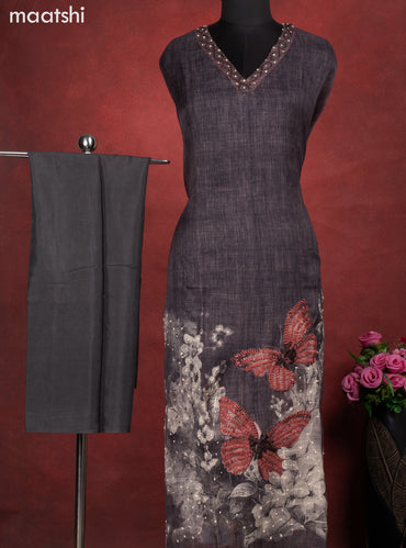 Linen cotton dress material elephant grey with butterfly design french knot work & v neck pattern and bottom & french kont work dupatta