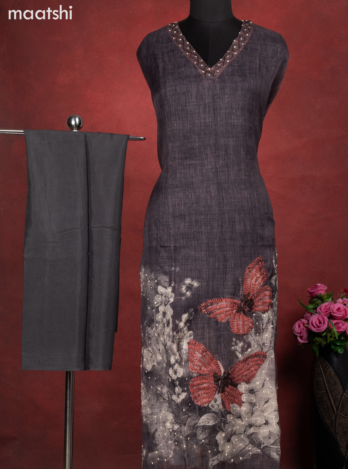 Linen cotton dress material elephant grey with butterfly design french knot work & v neck pattern and bottom & french kont work dupatta