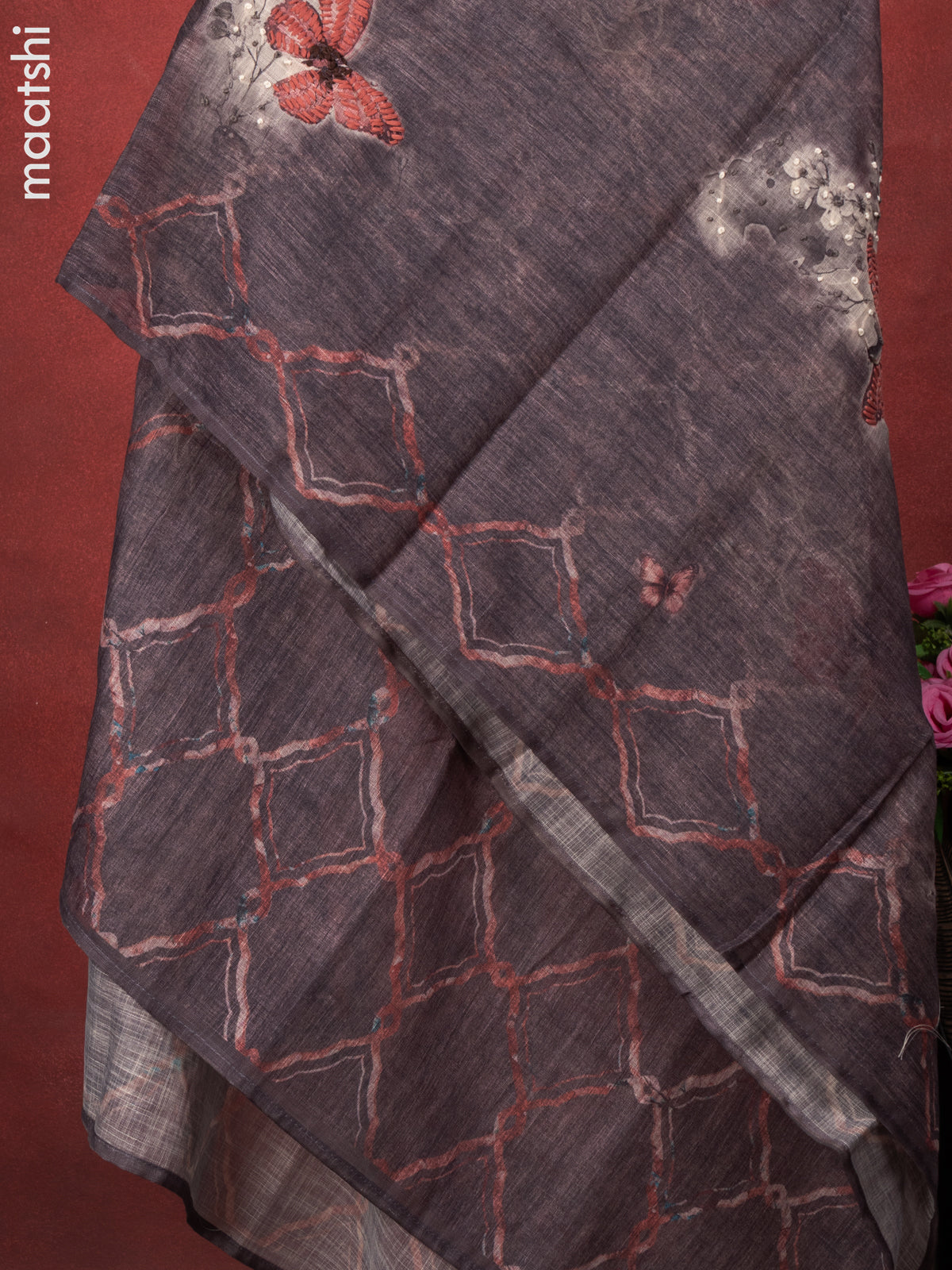 Linen cotton dress material elephant grey with butterfly design french knot work & v neck pattern and bottom & french kont work dupatta