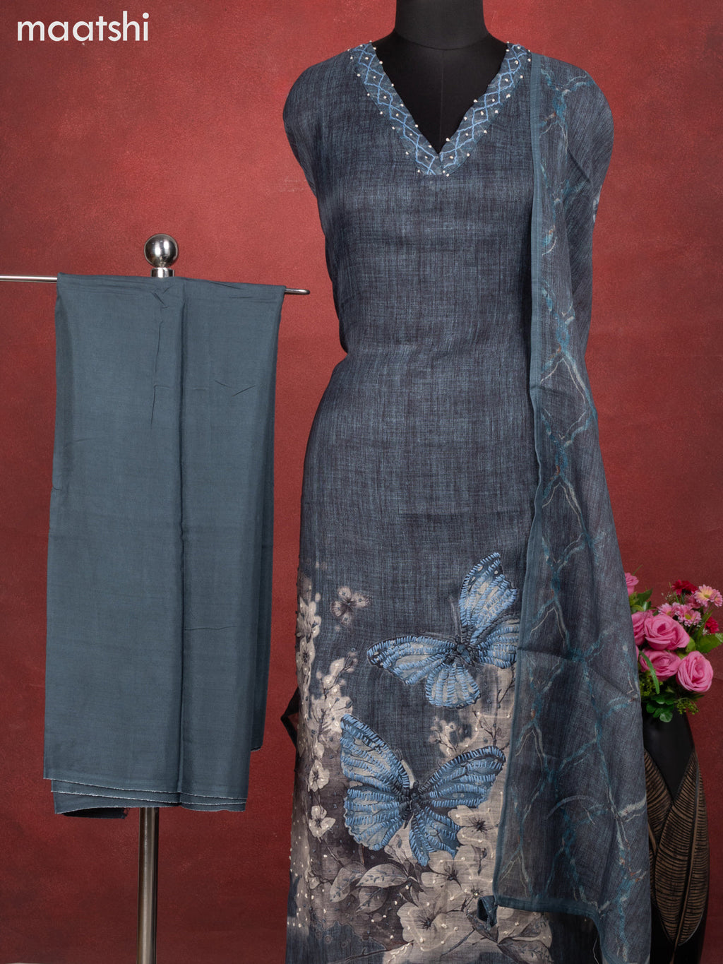 Linen cotton dress material greyish blue with butterfly design french knot work & v neck pattern and bottom & french kont work dupatta