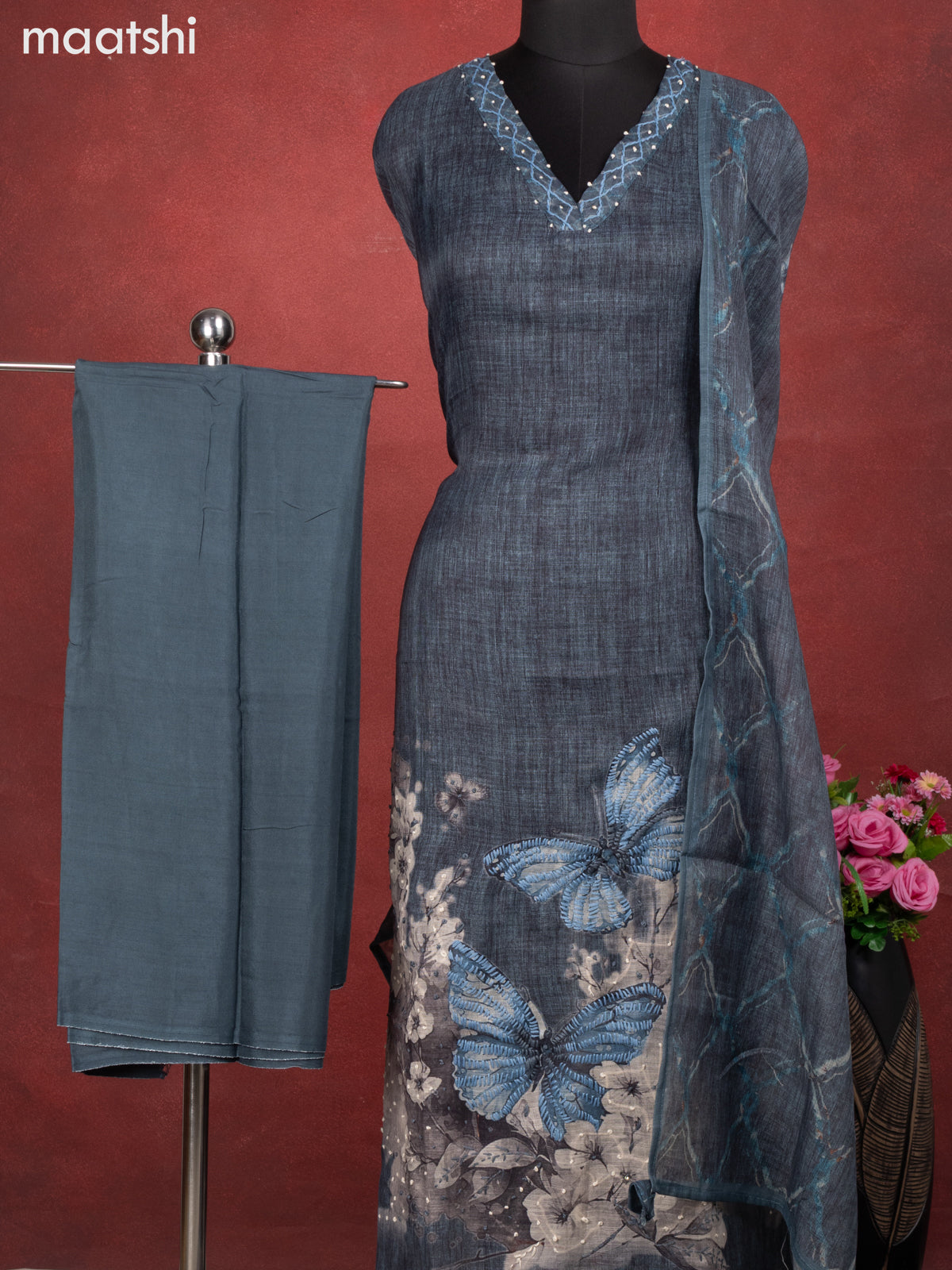 Linen cotton dress material greyish blue with butterfly design french knot work & v neck pattern and bottom & french kont work dupatta