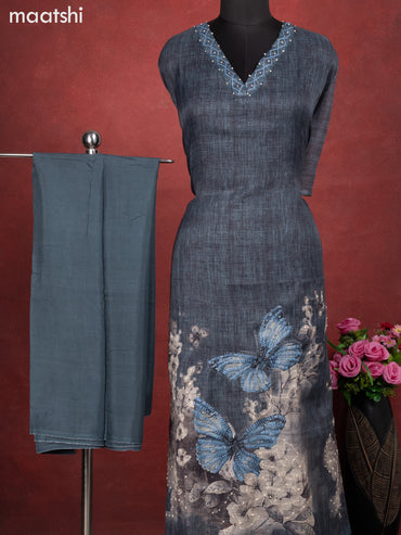 Linen cotton dress material greyish blue with butterfly design french knot work & v neck pattern and bottom & french kont work dupatta
