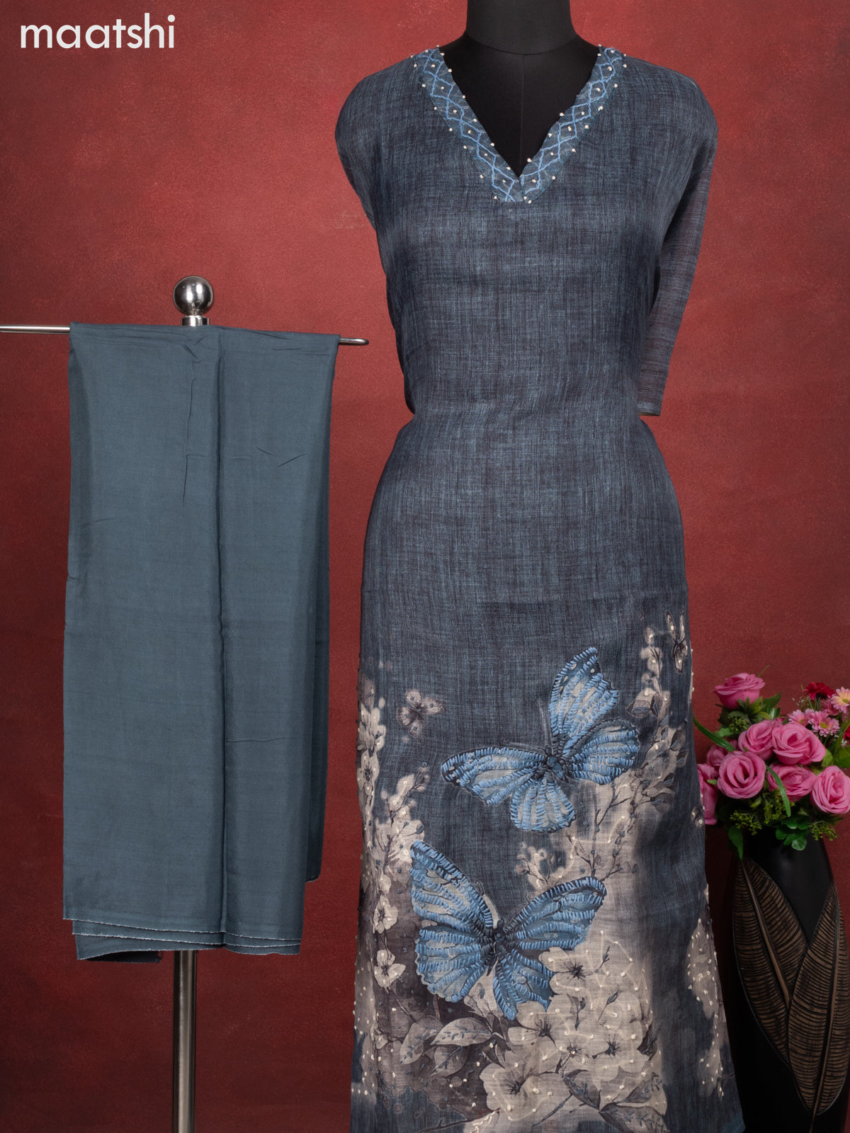 Linen cotton dress material greyish blue with butterfly design french knot work & v neck pattern and bottom & french kont work dupatta